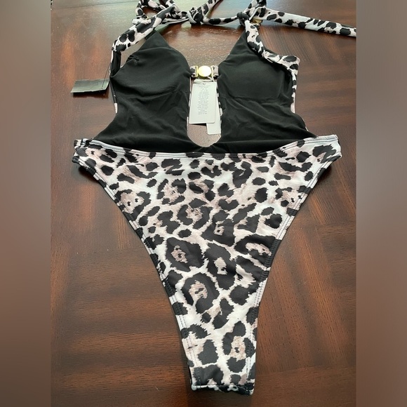 Brazilian women’s animal print metalic gold accents one piece swimsuit high tie - Picture 4 of 6